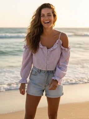 Lilac Gingham Cold-Shoulder Ruffle Blouse
